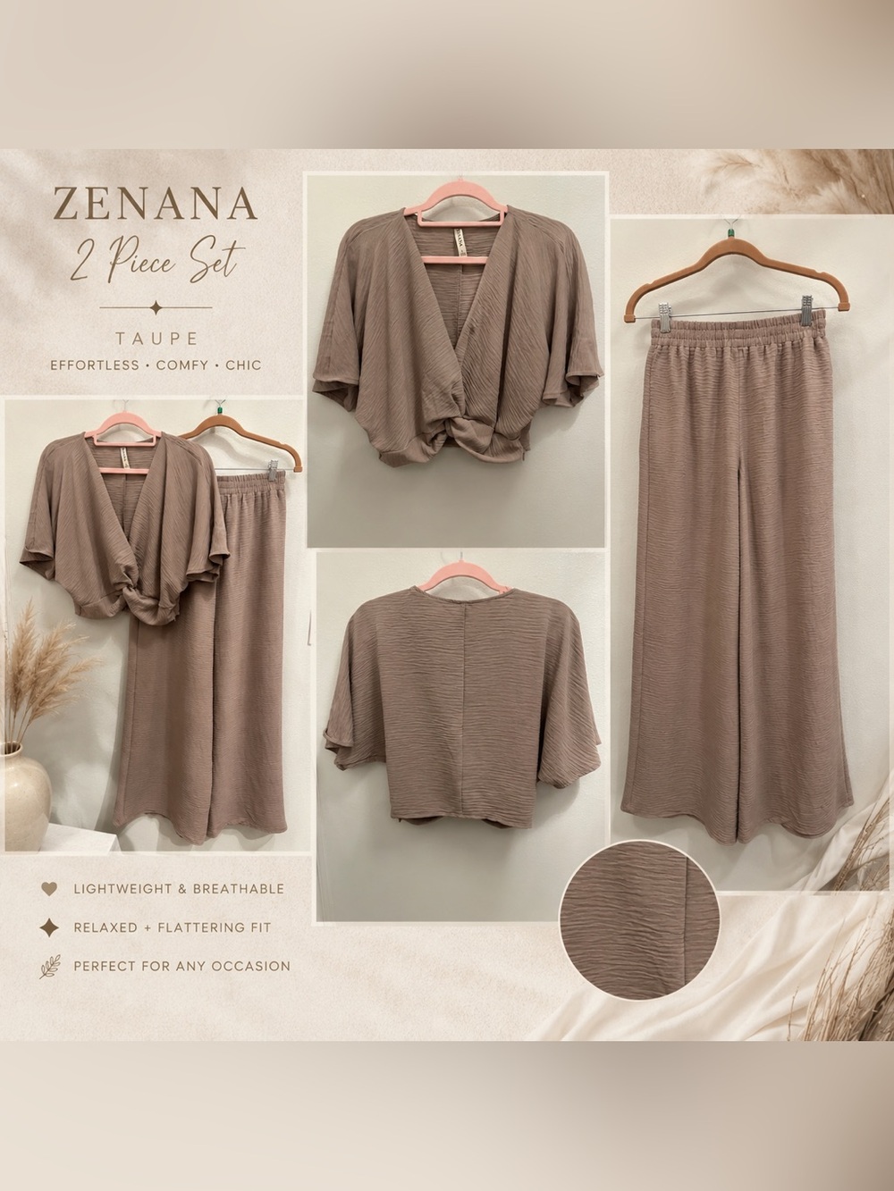 Zenana Taupe 2-Piece pant Set - Twist Front Crop Top & Wide Leg Pants